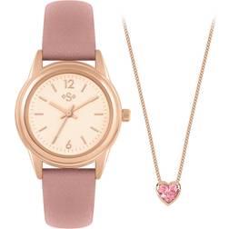 Spirit Ladies Pink Strap Watch And Heart Stone Necklace Set