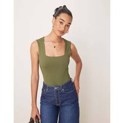 New Look Square Neck Slinky Bodysuit - Khaki/Green