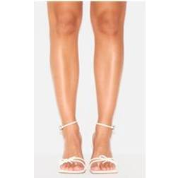 PrettyLittleThing Cream PU Square Toe Bow Barely There Heeled Sandals - White