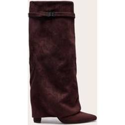 PrettyLittleThing Faux Suede Point Toe Fold Over Knee Block Heeled Boots - Chocolate