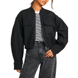 boohoo Wool Look Double Zip Bomber Jacket - Black