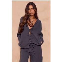 PrettyLittleThing Textured Cheesecloth Tie Front Shirt - Dark Blue