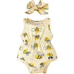 Shein Baby Girls Simple Bee Printed Sleeveless Romper For Daily Wear