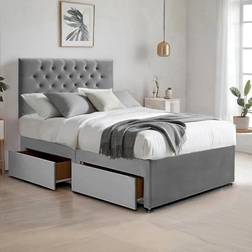 Rosdorf Park Silver Suede Divan Bed & Mattress Set with 26'' Chesterfield Headboard and 10'' Coilspring Foam Mattress Super King 6'