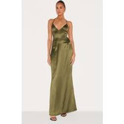 PrettyLittleThing Olive Satin Tie Back Maxi Dress - Green