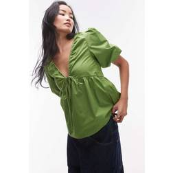 Topshop Poplin Puff Sleeve Top - Green