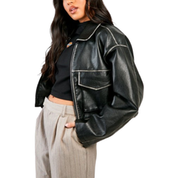 boohoo Vintage Look Faux Leather Pocket Jacket - Black