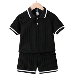 Shein Young Boy Striped Short Sleeve Polo Shirt And Shorts - Casual Outfit