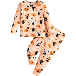 Shein pcs Baby Girl Halloween Themed Pumpkin Ghost Print Snug Fit Long Sleeve Top And Pants Cozy Thermal Pajamas Set