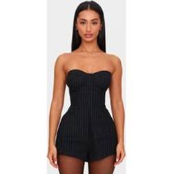 PrettyLittleThing Petite Black Pinstripe Woven Bandeau Playsuit - Black