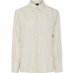 Pieces Linen Touch Shirt Co-Ord - Birch Cream/Black Stripe