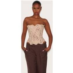 PrettyLittleThing Textured Sheer Floral Lace Corset - Almond