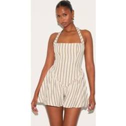 PrettyLittleThing Stone Pinstripe Linen Halter Neck Floaty Playsuit - White