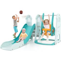 Costway Toddler Slide and Swing Set with Extra-long Slide Height Adjustable Swing Basketball Hoop and Climber