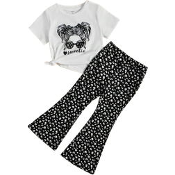 Shein Young Girl Casual And Comfortable Set With Printed Short Sleeve Top And Floral Flared Pants