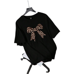 Shein Plus Casual Leopard Bow Print Round Neck Short Sleeve Loose Fit Black TShirt For Women Summer