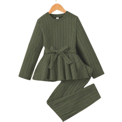 Shein Tween Girl Solid Belted Peplum Tee & Pants