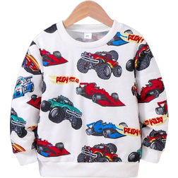 Shein Boys' Toddler Car Pattern Printed Round Neck Sports Sweatshirt