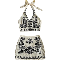 Shein Apricot Base Halter Neck Bow Tie Crop Top Set - Black
