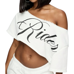 Shein Off-Shoulder Raw Hem Graphic Printed Crop Tee