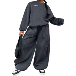 Shein Tween Girl Autumn Oversized Casual Versatile Reflective Printed Pullover Hoodie And Extra WideLeg Drawstring Pocket Sweatpants Set