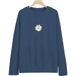 Shein Plus Crew Neck Daisy Print Long Sleeve Loose Casual TShirt