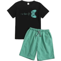 Shein Tween Boy Gamepad & Letter Graphic Tee & Drawstring Waist Shorts