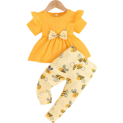 Shein Baby Girls' Short Sleeve Lotus Collar Top With Bowknot Decor And Bee Print Long Pants Casual Outfits For Summer