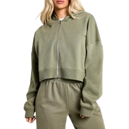 boohoo Embroidered Boxy Crop Zip Through Hoodie - Green