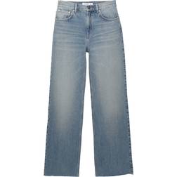 Pull&Bear Blå Jeans Med Høj Talje Og Lige Ben I Snavset Vask - Blue Denim