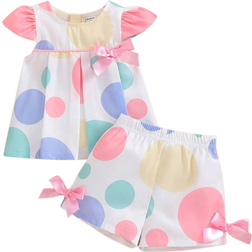 Shein Baby Girl Ruffle Trim Bowknot Polka Dot Printed Top And Shorts Set