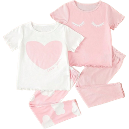 Shein Toddler Girls' Cute Eyelash Pattern Printed Short Sleeve Top, Solid Color & Cloud Patterned Long Pants Homewear Set