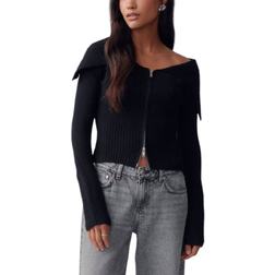 Gina Tricot Rib Knitted Zip Front Cardigan - Black