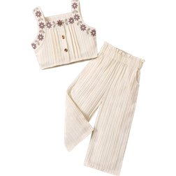 Shein 2pcs/Set Young Girls' Casual Embroidered Wave Stripe Vest And Wide-Leg Pants