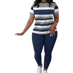 Shein Plus Size Casual Striped Print Top and Pants - Solid Color
