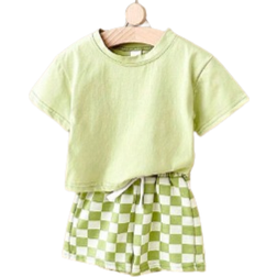Shein Baby Boy Casual Solid Tee Checker Print Shorts For Summer