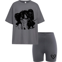 Shein Cool Teenage Girl Grey Loose TShirt And Shorts Set With Cartoon Portrait Print Street Style Casual Outfits