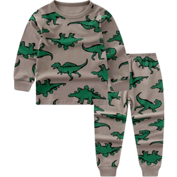 Shein Young Boys Dinosaur Printed Long Sleeve Top And Long Pants Homewear Set Matching Set Brown 6Y,7Y,4Y,5Y
