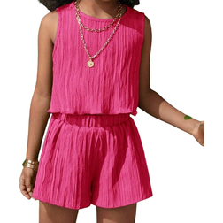 Shein pcs Young Girl Woven Solid Color Crew Neck Camisole Top And Loose Woven Solid Color Shorts Set