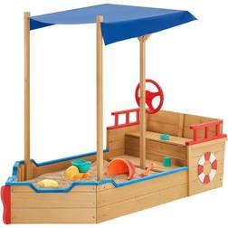Juskys Sandkasten Käpt’n Pit mit Bodenplane & Sitzbank – Holz Piratenschiff Boot – Sandkiste Sandbox