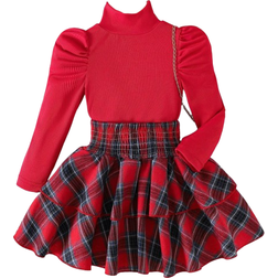 Shein Minimalist Collegiate Half Turtleneck Long Sleeve Top And Plaid Cake Skirt Set - Autumn/Winter