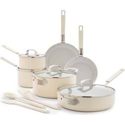 Bobby Flay 13 pc Ceramic Nonstick Aluminum Cream Cookware Set with lid 13 Parts