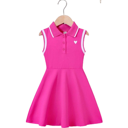 Shein Little Girls' Preppy Style Heart-shaped Print Striped Trim Ribbed Collar Sleeveless Dress For Summer