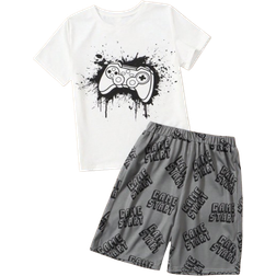 Shein Boys Graphic and Ink Splatter Print Top & Shorts PJ Set