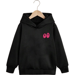Shein Teenage Girls Casual Printed Black Fleece Lined Hooded Sweatshirt Autumn
