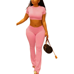 Shein pcs Women Casual Short Sleeve Crew Neck Top And Elastic Waist Long Pants Set