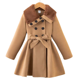 Shein Young Girl Borg Collar Double Breasted Belted Overcoat