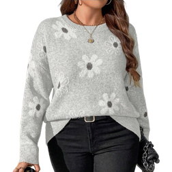 Shein Plus Womens Floral Pattern Crew Neck Drop Shoulder Long Sleeve Casual Sweater