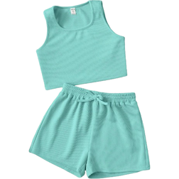 Shein Girls Solid Tank Top & Knot Front Shorts