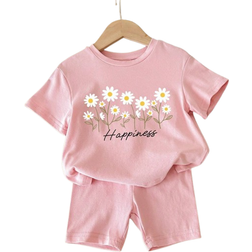 Shein Floral Baby Girl Casual Simple Flower Pattern Short Sleeve Shorts Set Summer